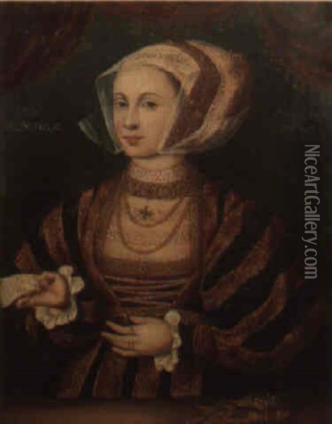 Portrait Of Lady Guildford, Aged 28, Wearing A Choker, Holding A Letter Oil Painting - Hans Eworth