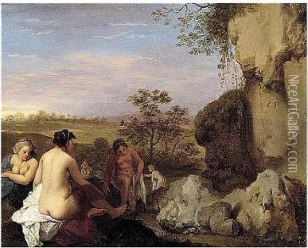 A Classical Landscape With Bathing Nymphs Oil Painting - Cornelis Van Poelenburch