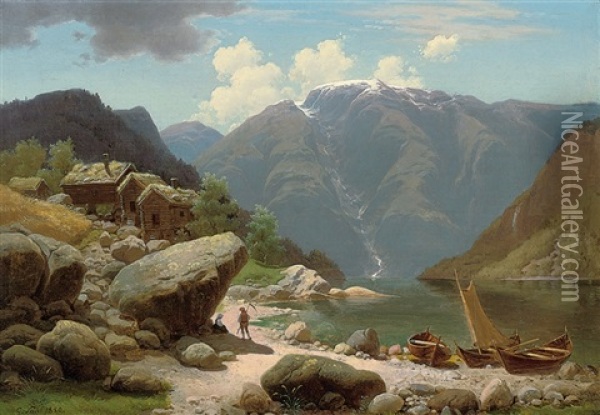 A Conversation By A Norwegian Fjord Oil Painting - Georg Eduard Otto Saal
