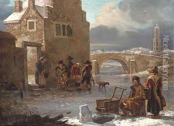 A winter landscape with figures fishing on a frozen river Oil Painting - Andries Vermeulen