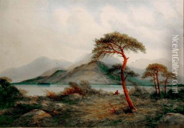 Scottish Lochscene With Fisherman And Wind Blown Pine Oil Painting - George Herbert Baker