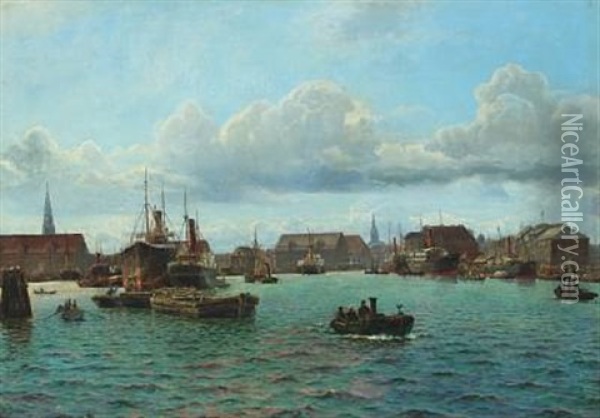 Scene From The Port Of Copenhagen Oil Painting - Holger Luebbers