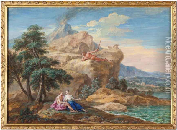 Paesaggio Costiero Con Figure E L'etna Sullo Sfondo Oil Painting - Cirlce Of Filippo Lauri