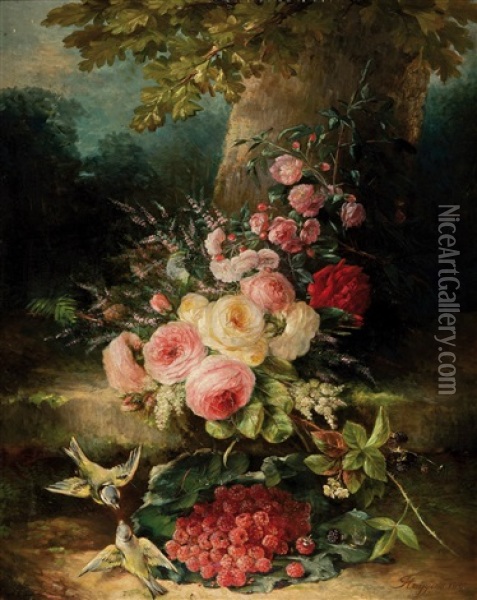Fleurs Et Oiseaux Oil Painting - Francois Joseph Huygens