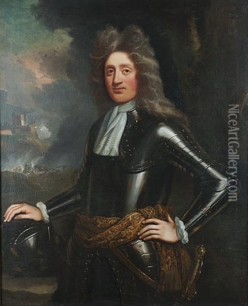 Portrait Of A Gentleman, 
Standing Three-quarter-length, In Armour, His Right Hand Resting On A 
Helmet, A View To A Cavalry Battle. Oil Painting - Sir John Baptist de Medina