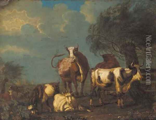 Cattle and goats in a pastoral lanscape, a village beyond Oil Painting - Jan van Gool