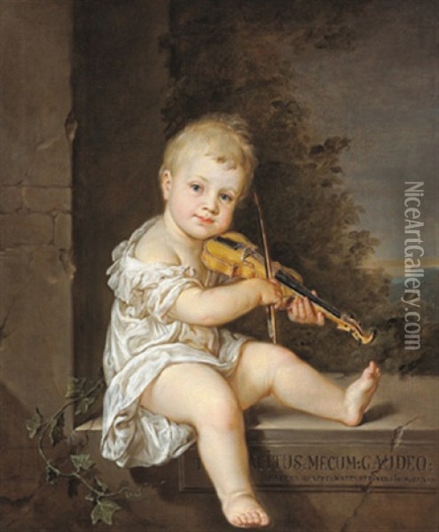 Johann August Krafft, Der Kleine Sohn Der Kunstlerin, Eine Geige Haltend Oil Painting - Barbara Steiner Krafft