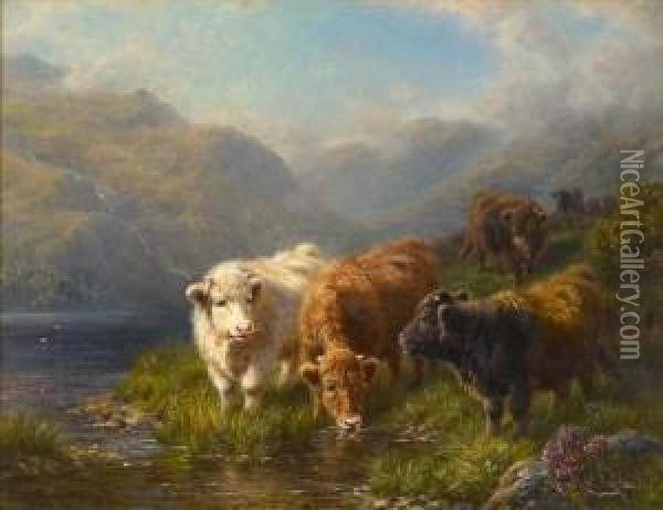 Cattle Watering In A Mountain Glen Oil Painting - Charles A. Watson