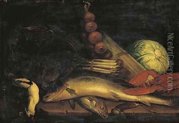 A lobster, cod, cabbage, onions, asparagus, a pheasant, wine and an upturned basket of oysters on a table Oil Painting - Elena Recco
