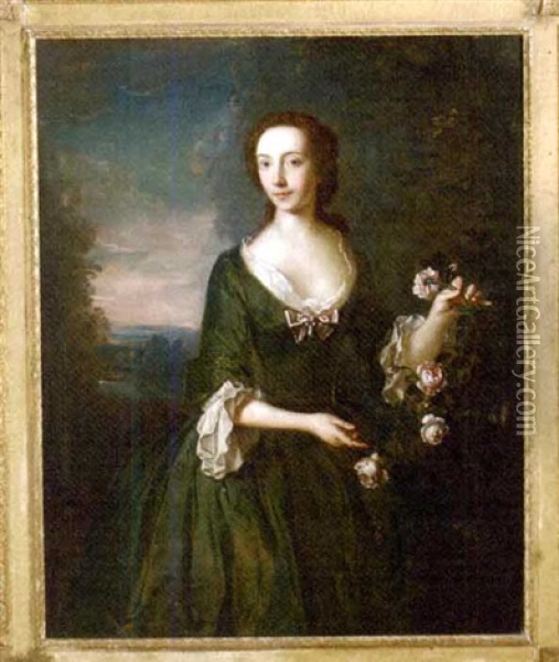 Portrait Of Mrs. Hamilton Gordon Of Newhailes In A Green Dress With White Fichu, In A Landscape Oil Painting - Philip Mercier