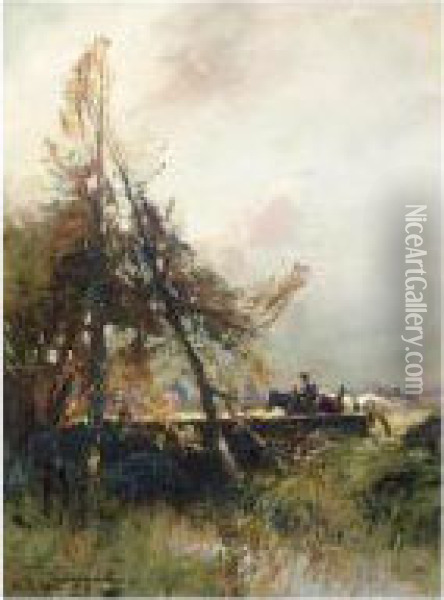 Tending Sheep; Crossing The Bridge Oil Painting - William Bradley Lamond