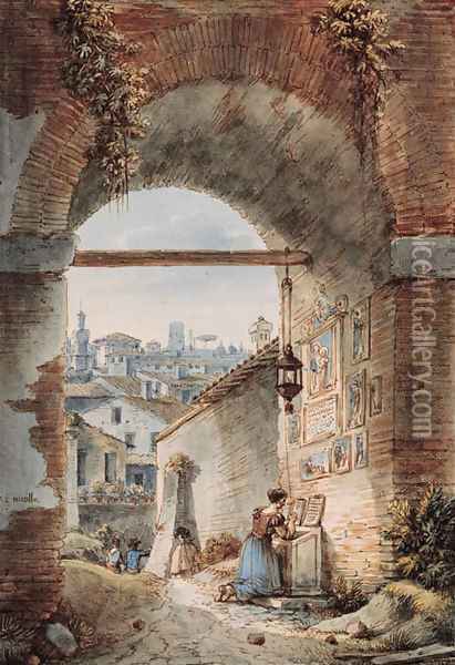 A shrine at the corner of via Santa Maria Maggiore and via San Pietro, Rome Oil Painting - Victor Jean Nicolle