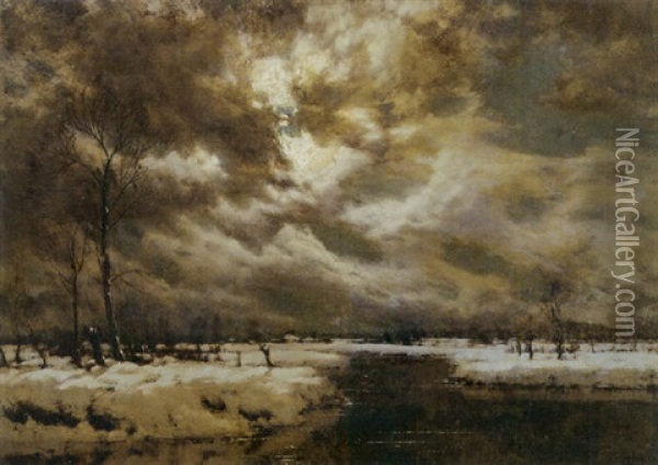 A Moonlit Winter Landscape Oil Painting - Arnold Marc Gorter