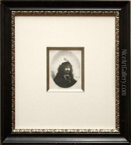 Self Portrait With Plumed Cap And Lowered Sabre Oil Painting - Rembrandt Van Rijn