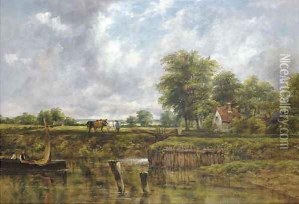 Wooded River Landscape, With A Cottage By A Lock, A Barge, And A Figure With Horses On The Towpath Oil Painting - Frederick Waters Watts