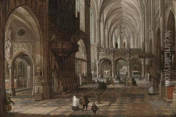 The Interior Of A Gothic Cathedral With Figures Oil Painting - Hendrick van, the Younger Steenwyck