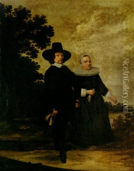A Portrait Of A Couple In A Landscape Oil Painting - Herman Mijnerts Doncker