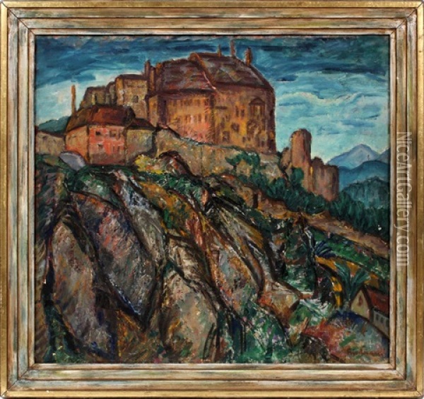 Abstract Landscape With Castle Oil Painting - Arnold Friedman