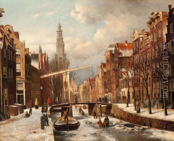 View Of The Zuiderkerk, Seen From The Groenburgwal Oil Painting - Oene Romkes De Jongh