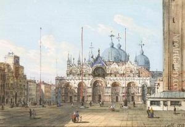 Venedig - Blick Uber Den
 Markusplatz Auf Den Markusdom. Oil Painting - Ippolito Caffi