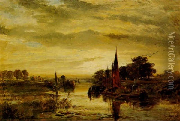On The Irwell, Sunrise Oil Painting - Samuel Bough