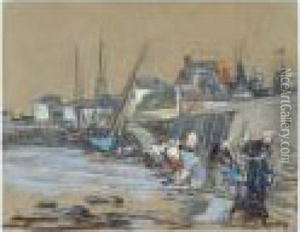 Lavandieres Dans Le Port De Honfleur Oil Painting - Eugene Boudin