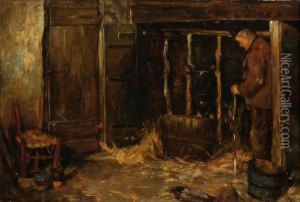 Interior Of A Stable Oil Painting - Lammert Van Der Tonge