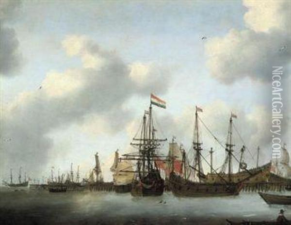 The Dutch Fleet In Harbour Oil Painting - Willem van de, the Elder Velde