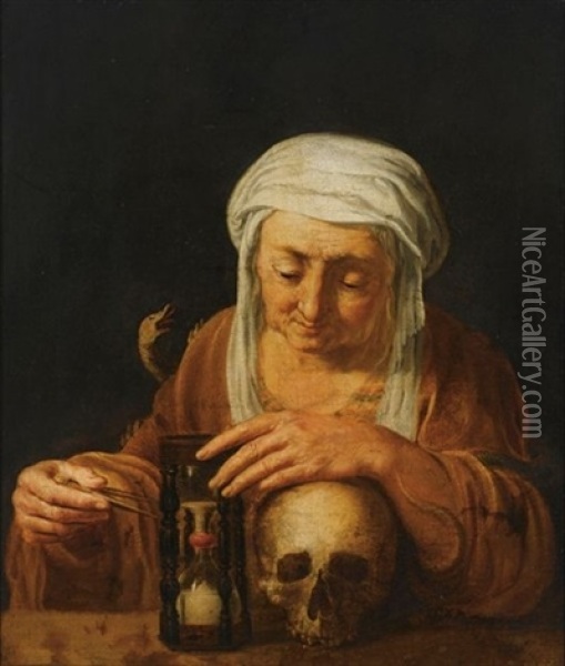 An Old Woman With Vanitas-symbols, An Hourglass, A Skull And A Snake Oil Painting - Hendrick Bloemaert