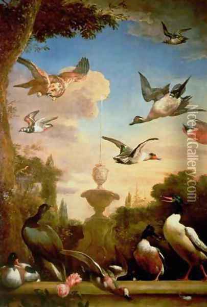 A Mallard and a Golden Eagle in a Classical Garden Landscape Oil Painting - Melchior de Hondecoeter