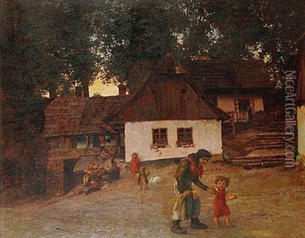 A Village Yard Oil Painting - Karel Vitezslav Masek