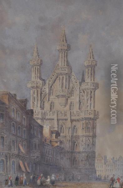 Figures Near Nuremburg Cathedral Oil Painting - Edwin Thomas Dolby