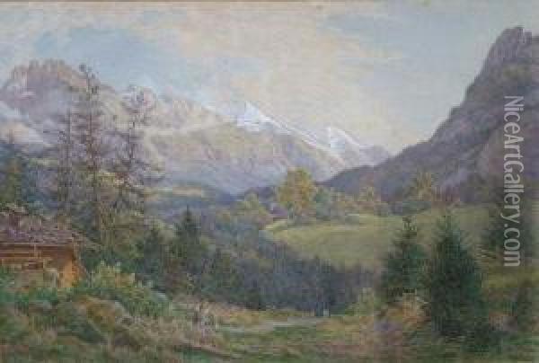 Figures Before Snow-capped Mountains. Oil Painting - Arthur Shelley