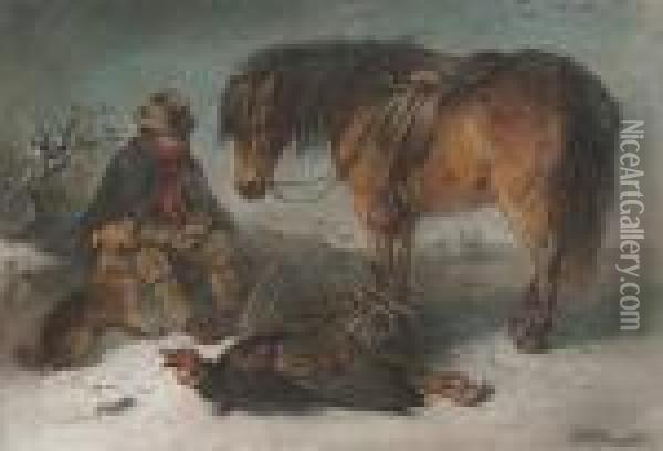 Man With Brown Pony And A Dead Turkey In The Snow Oil Painting - Edward Robert Smythe