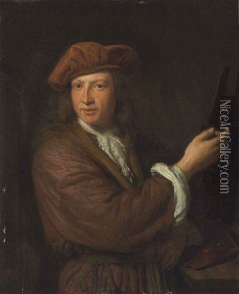 Self-portrait Of The Artist At His Easel Oil Painting - Pieter Cornelisz van Slingeland