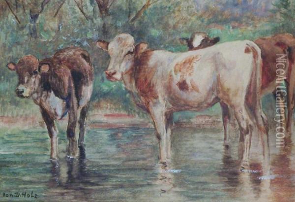 Drei Kuhe Am Ufer Oil Painting - Johann Daniel Holz