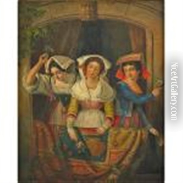 Three Women Holding Roses Oil Painting - Fritz Zuber-Buehler