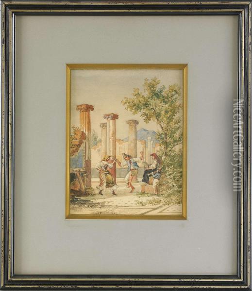 Tillskriven, Dansande Sallskap Vid Ruin, Akvarell, 20x15 Oil Painting - Fredrik Wilhelm Scholander