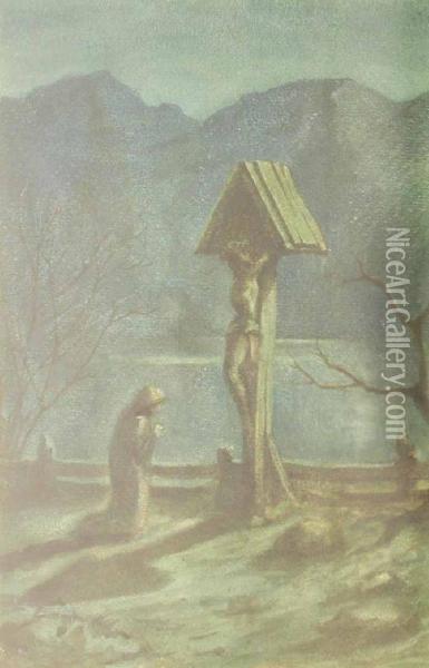 Moonlit Lakeside Calvary Oil Painting - Sir Edward Coley Burne-Jones