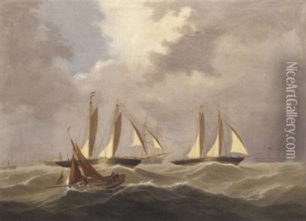 Big Cutters Under Reduced Rig, Crossing The Line In A Heavy Swell Oil Painting - George Frederick Gregory