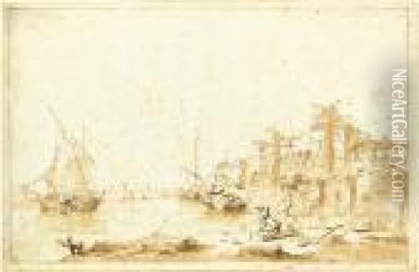 An Imaginary View Of A Venetian Lagoon With A Fortress By Theshore Oil Painting - Francesco Guardi