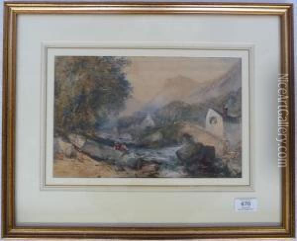 Figures Fishing,a Bridge And Cottages Nearby Oil Painting - John Skinner Prout