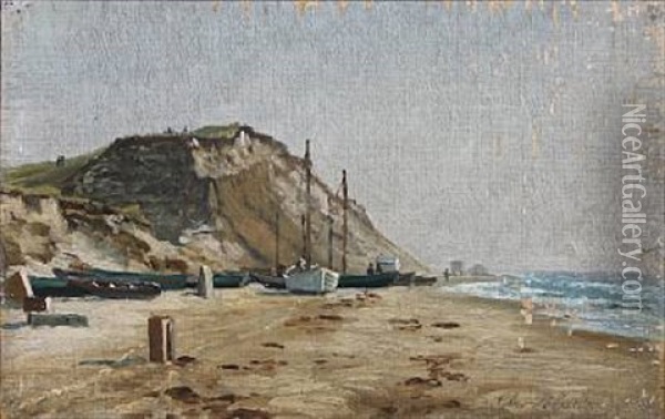 Costal Scene From Lonstrup With Vessels On The Beach Oil Painting - Christian Blache