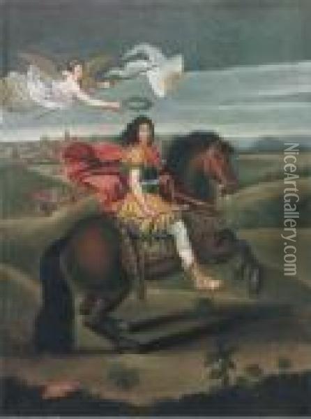 An Equestrian Portrait Of Louis Xiv Oil Painting - Pierre Le Romain I Mignard