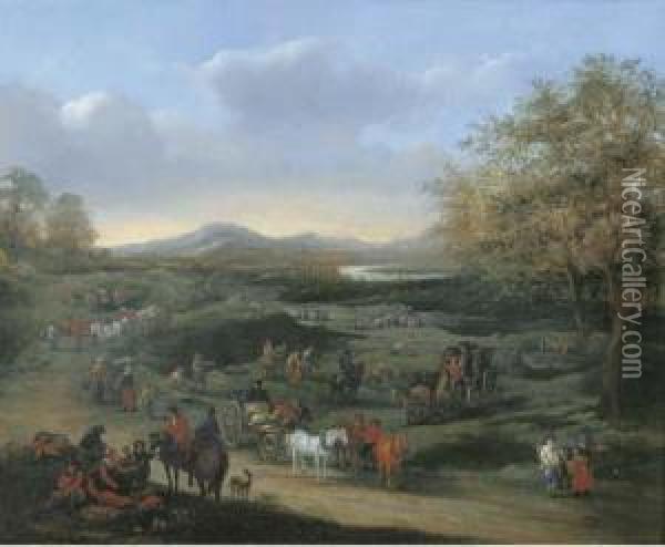An Extensive Landscape With Travellers On A Road, Other Figuresbeyond Oil Painting - Mattijs Schoevaerdts
