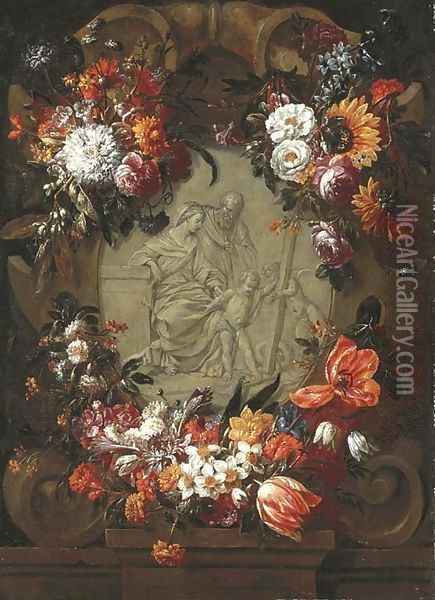 A garland of tulips, daffodils, carnations, sunflowers and other flowers around a stone cartouche with the Holy Family and the Infant Saint John Oil Painting - Gaspar Peeter The Elder Verbruggen