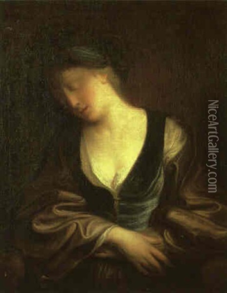 Sleeping Girl Wearing A Blue Velvet Bodice Oil Painting - Jean-Baptiste Santerre