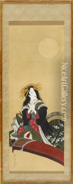 Koto Playing Woman Oil Painting - Eizan Kikugawa