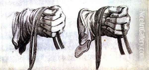 Study of two gloved hands holding the reins of a double bridle from New Treatise for Breeding Horses written by Winters, Stuterey and Reit-Schul, pub. 1672 Oil Painting - Peter Paul Troschel