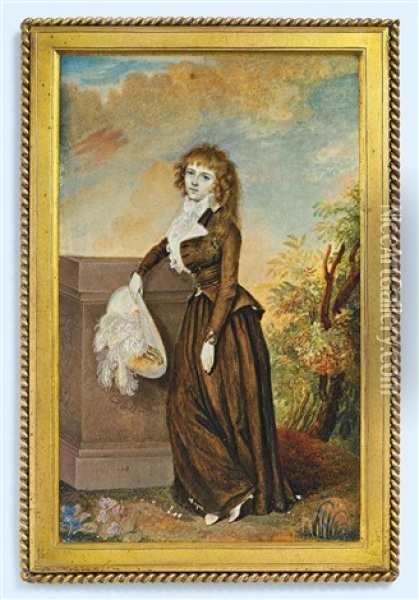 Mrs Robert Graham, In A Landscape, Leaning Against A Stone Pillar, In Brown Riding Habit, Frilled White Cravat, Holding A Cream Hat With White Plumes... Oil Painting - Diana Dietz Hill